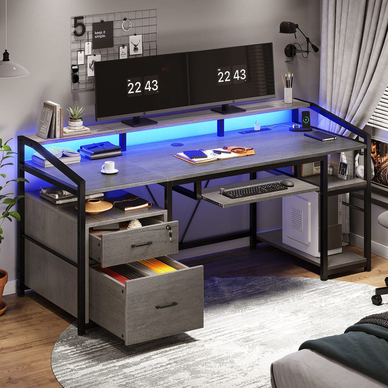 Sikaic Gaming Desk 63 Inches  Gaming Desk with LED Light Drawers Grey