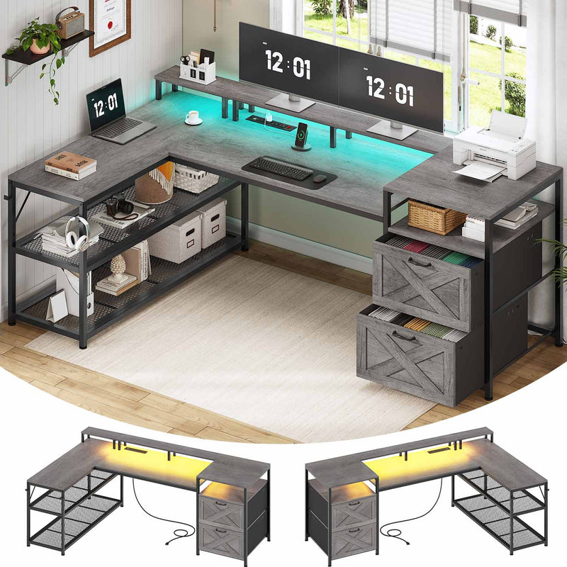 Sikaic Gaming Desk 67 Inches Reversible L Shaped Gaming Desk with Power Outlet LED Lights & Drawers Storage Shelves Grey