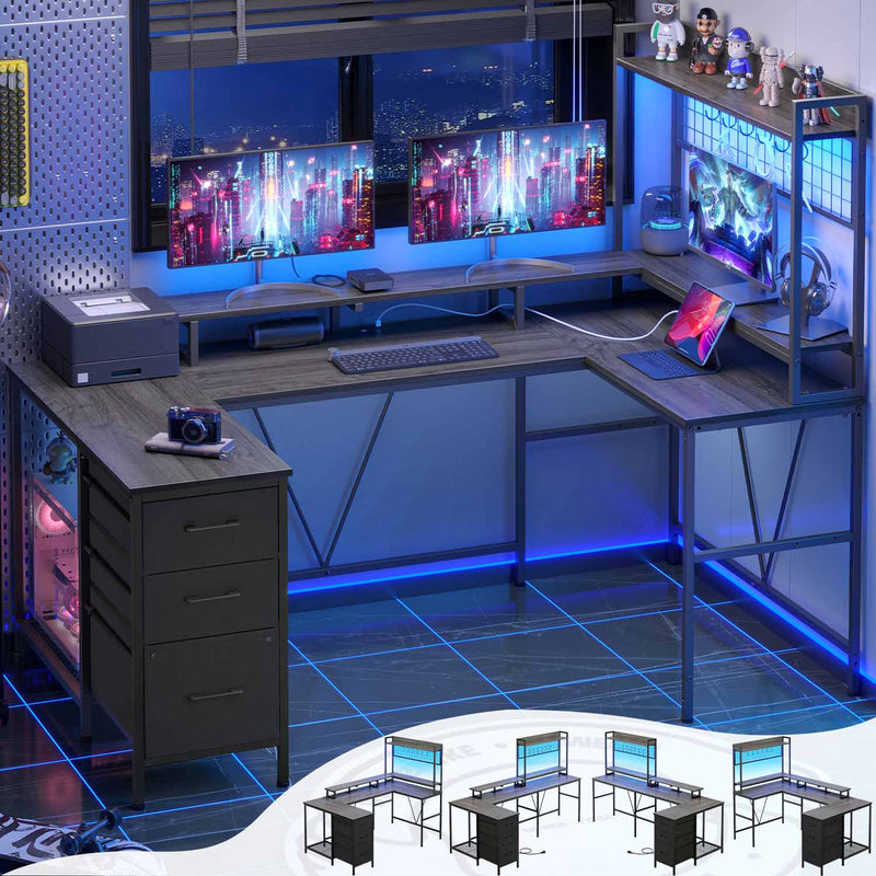 Sikaic Gaming Desk 98.4in U Shaped Reversible L Shaped Gaming Desk with LED Light Hutch Drawers Shelves Pegboard Grey