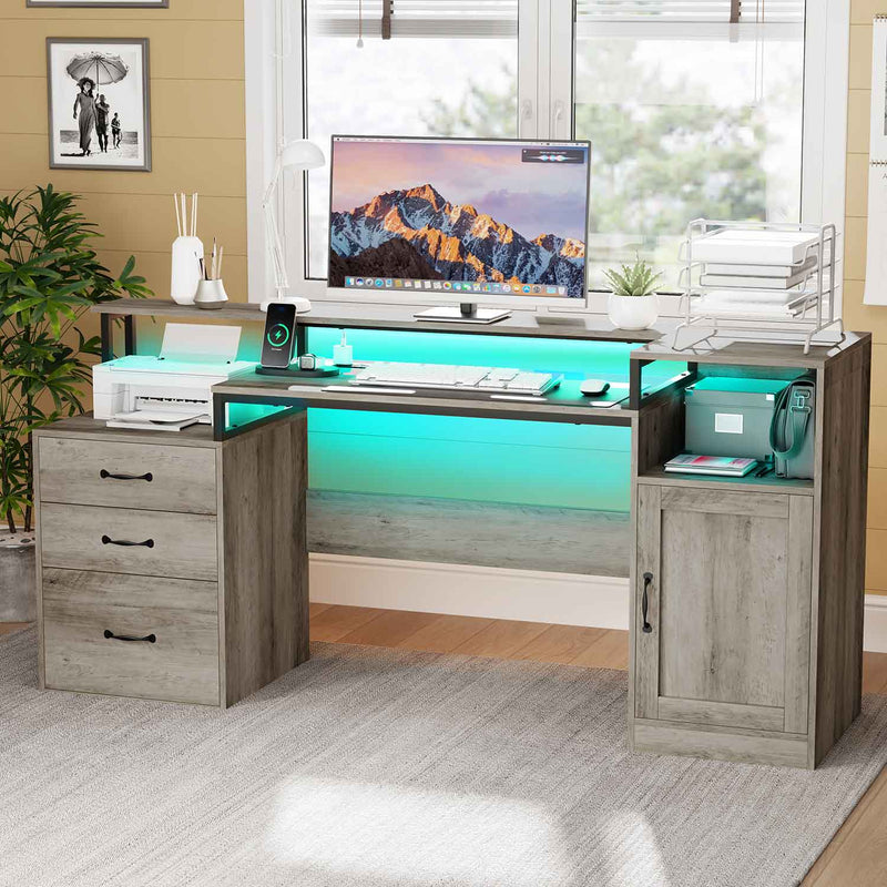 Sikaic Gaming Desk LED Gaming Desk with Drawer File Cabinet and Power Outlets Grey Grey / Engineered Wood / Modern