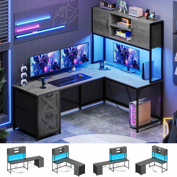 Sikaic LED L Shaped Gaming Desk with Outlets Hutch Grey