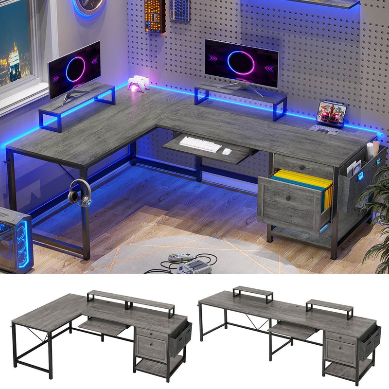 L Shaped Gaming Desk with LED Lights Pegboard and Drawers Corner Computer  Table