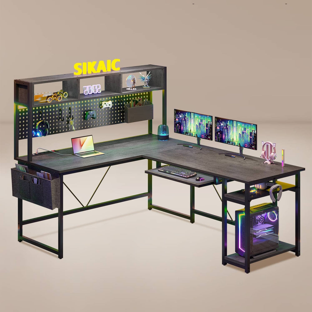 Sikaic Gaming Desk L Shaped Reversible Gaming Desk With LED Lights Grey Grey / Industrial