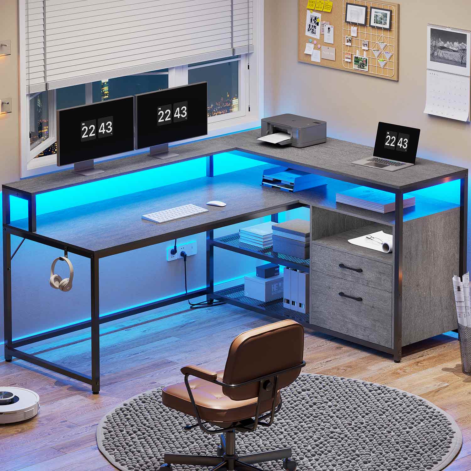 Sikaic LED Gaming Desk with Drawers Monitor Stand Grey