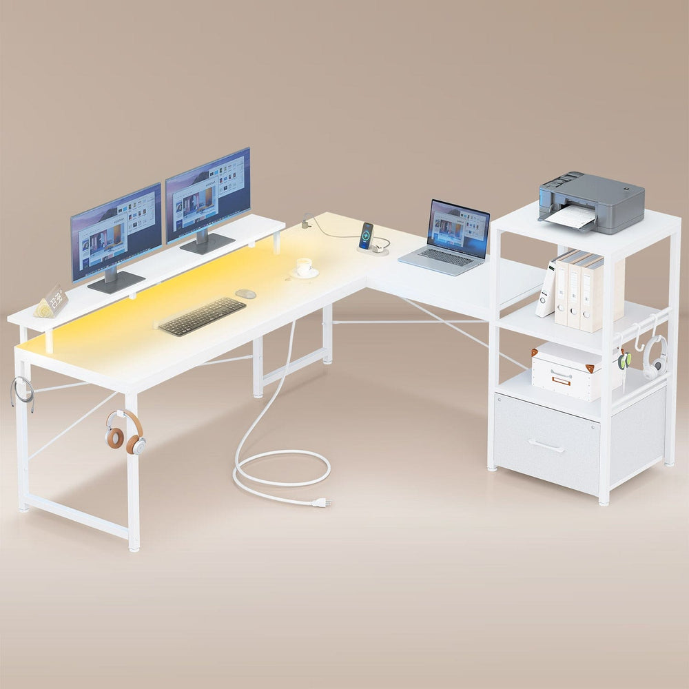 Sikaic Gaming Desk 51 Inches Reversible LED Gaming Desk White White / Engineered Wood / Modern