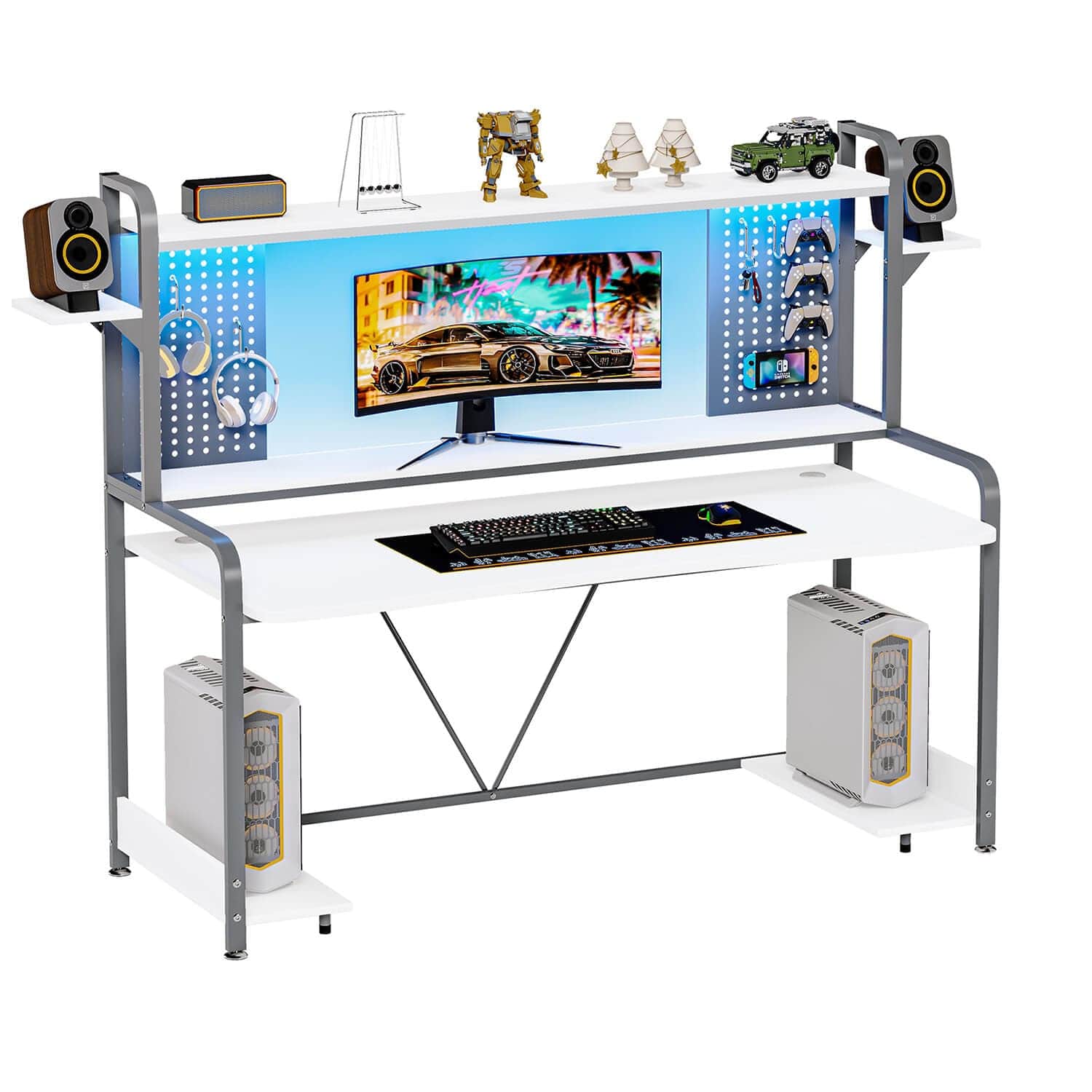 Gaming Desk, 55 Computer Desk with Hutch and Shelves, Gaming Desk with LED  Lights, Pegboard & Monitor Shelf, Large PC Gamer Desk Workstation for Home