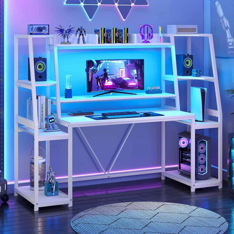 Sikaic Gaming Desk 65.7 Inches Large PC Gamer Gaming Desk with LED Lights Hutch and Storage Shelves Monitor Stand White