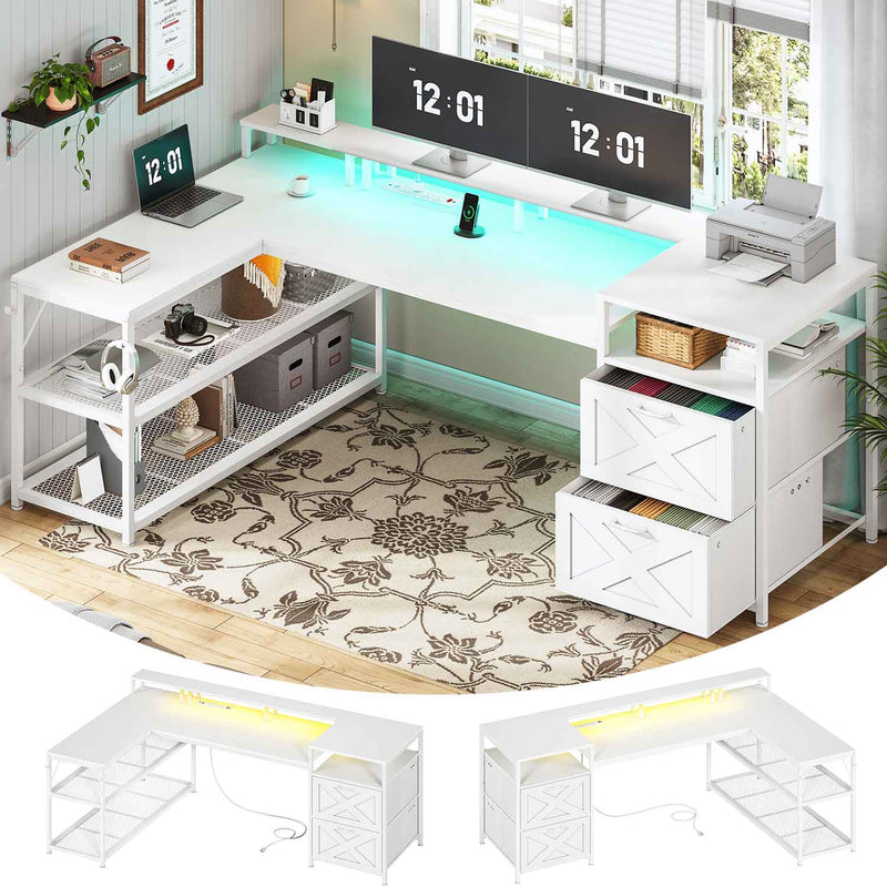 Sikaic Gaming Desk 67 Inches Reversible L Shaped Gaming Desk with Power Outlet LED Lights & Drawers Storage Shelves White