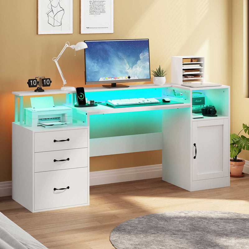 Sikaic Gaming Desk LED Gaming Desk with Drawer File Cabinet and Power Outlets White White / Engineered Wood / Modern