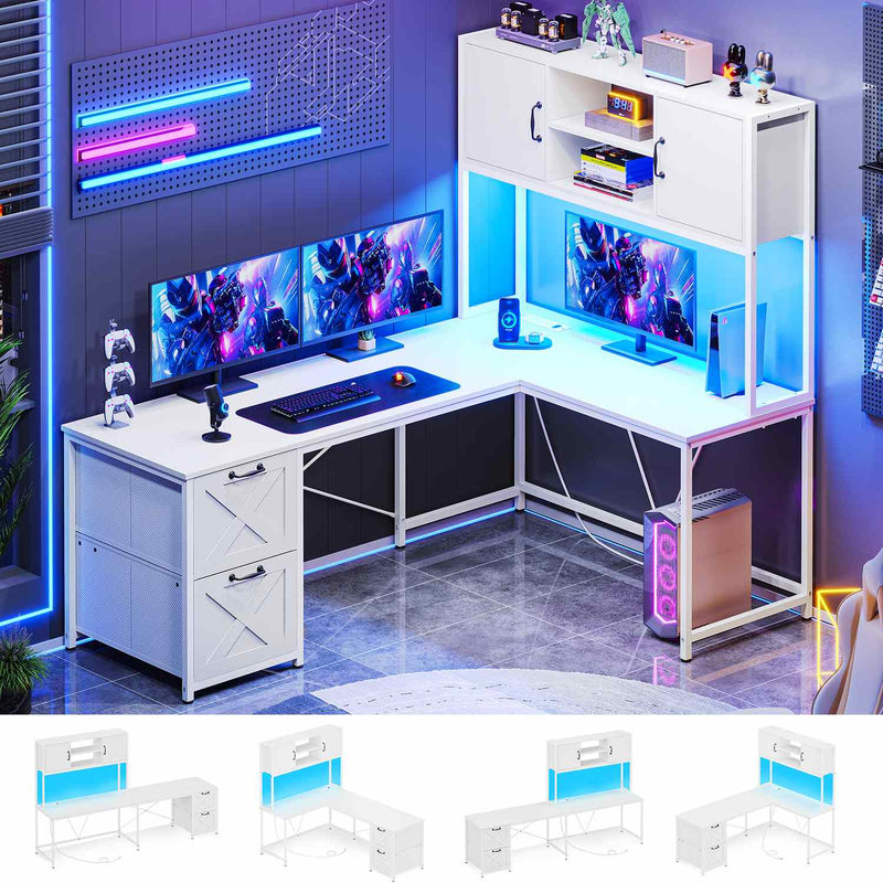 Sikaic Gaming Desk LED lights L Shaped Gaming Desk with Fabric File Drawers and Power Outlet Hutch & Storage Shelves White