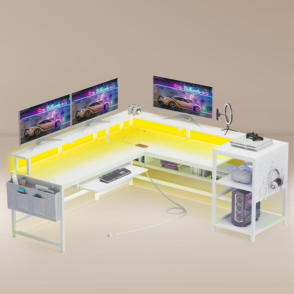 Sikaic Gaming Desk L Shaped Reversible Gaming Desk with Power Outlets LED Strip White White / Industrial