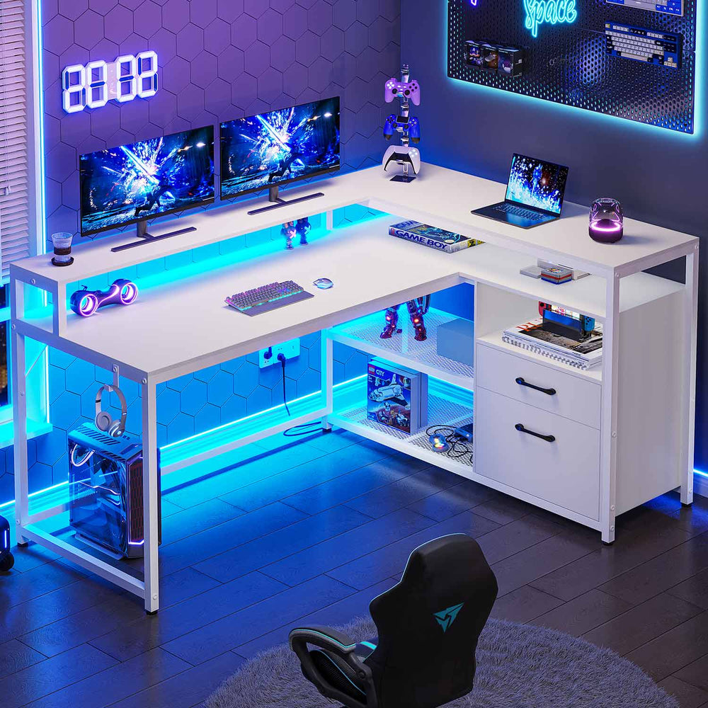 Sikaic Gaming Desk 55 inches LED L Shaped Gaming Desk with Drawers Printer Stand Monitor Stand White