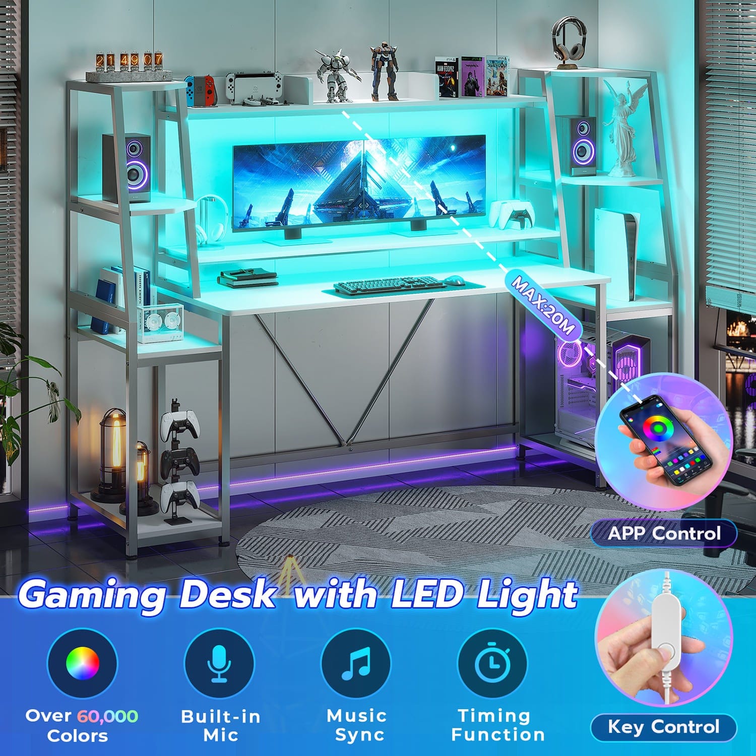78.8 Inches Gaming Desk with LED Lights, Computer Desk with Hutch and  Storage Shelves, Ergonomic Computer Desk, Black 