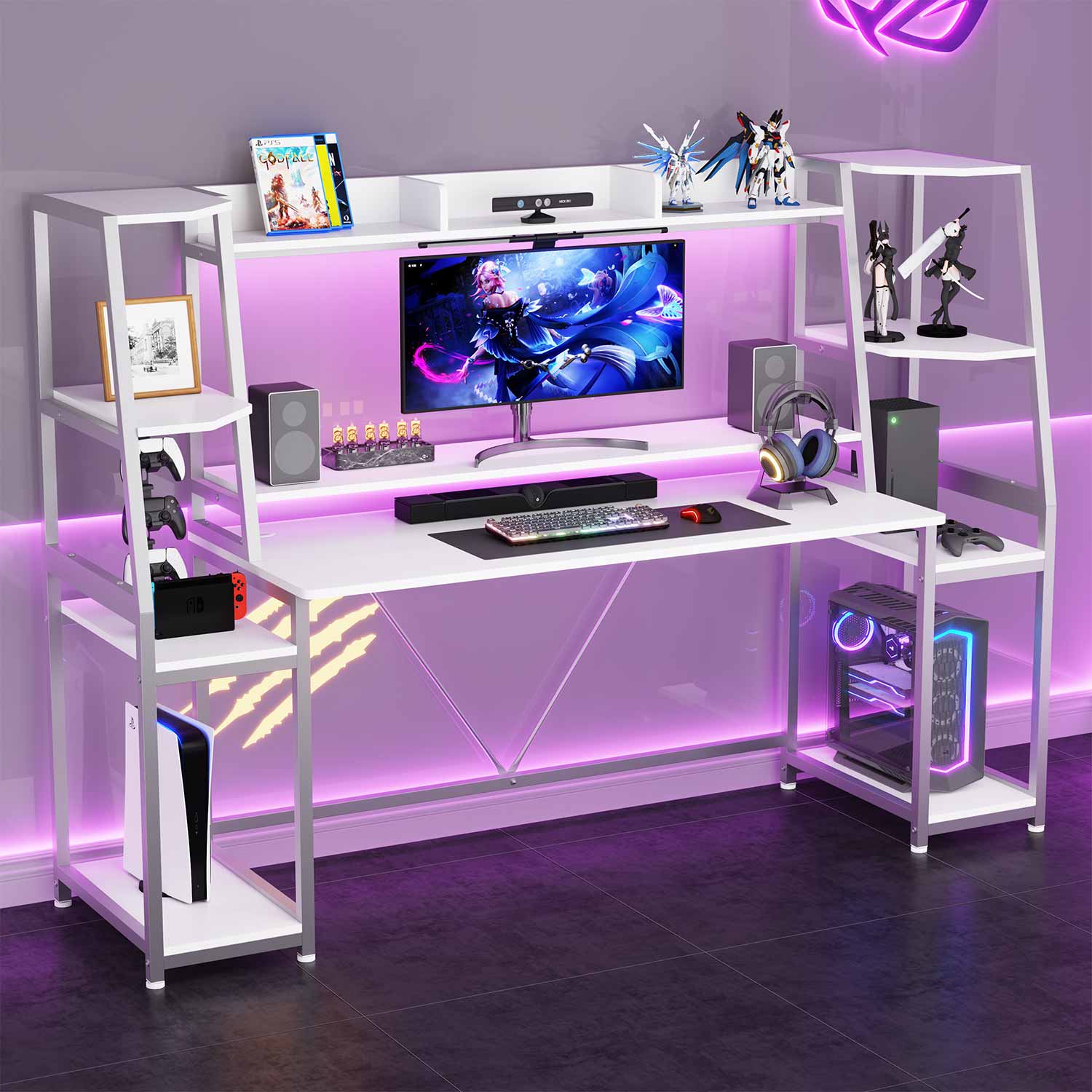 Sikaic 78.8 Inches Large PC Gamer LED Gaming Desk White