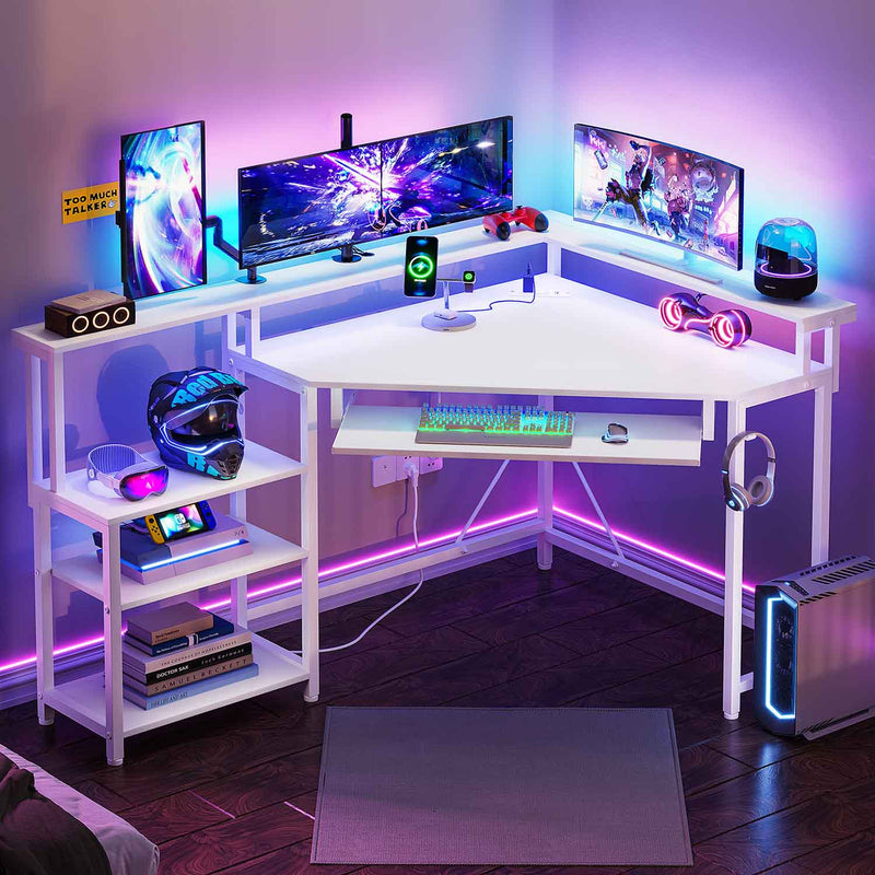 Sikaic Gaming Desk Corner Gaming Desk with Power Outlets LED Lights Storage White