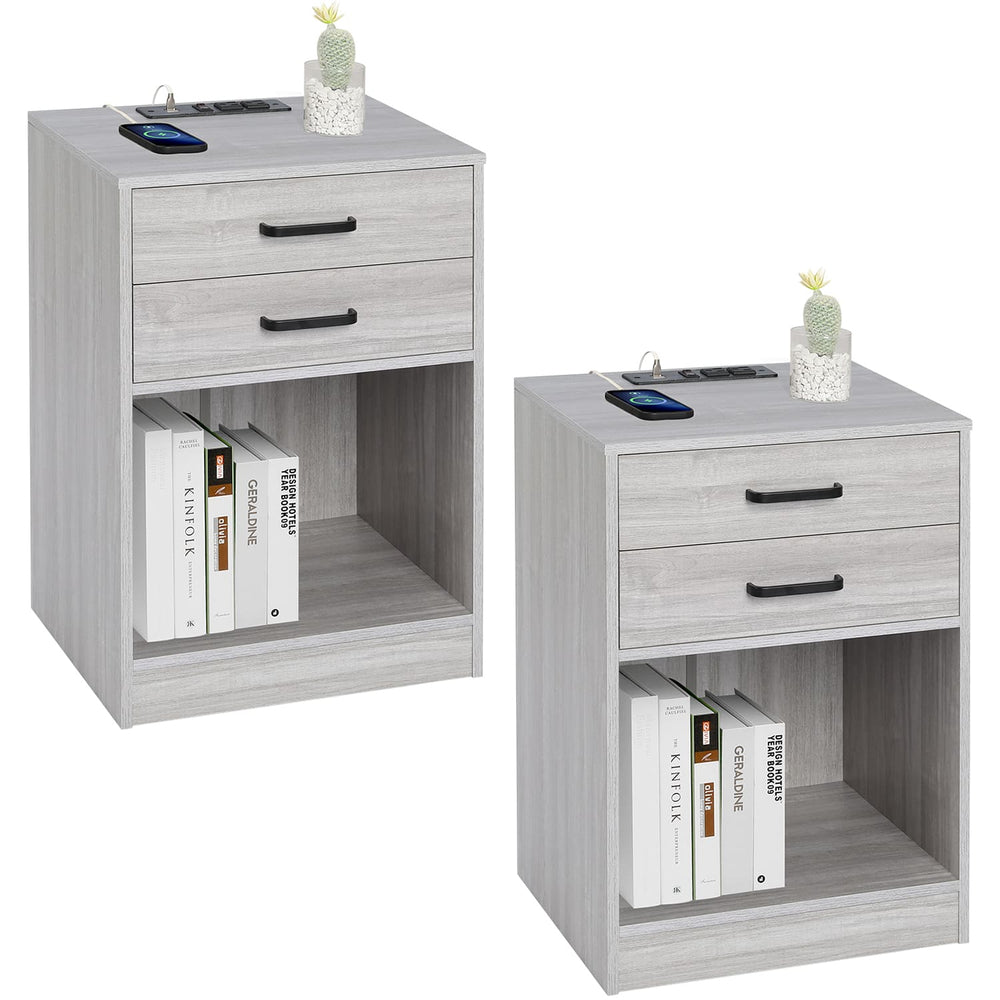 Sikaic 2Pcs Nightstand with Charging Station Drawers Bedside Table Grey