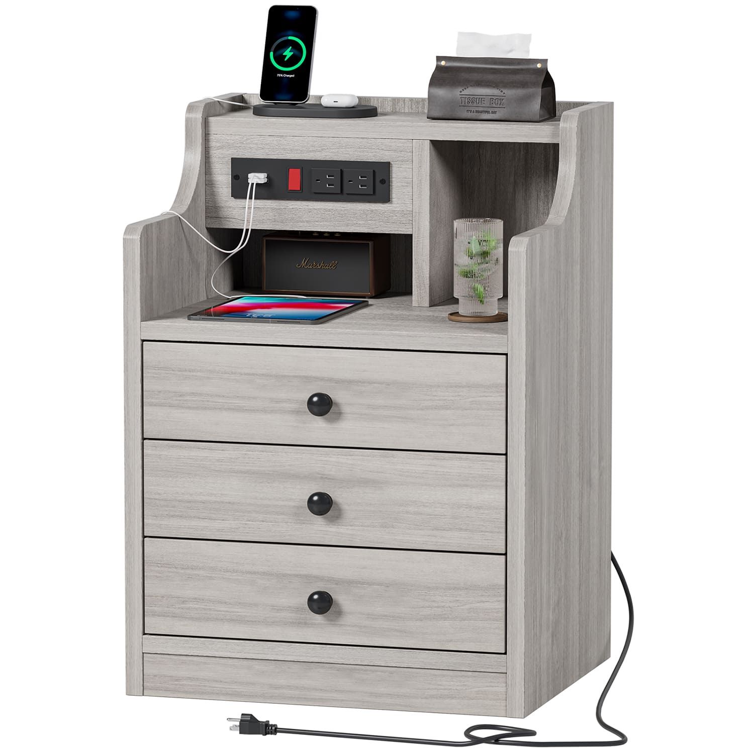 Sikaic Nightstand with Outlets Storage Grey