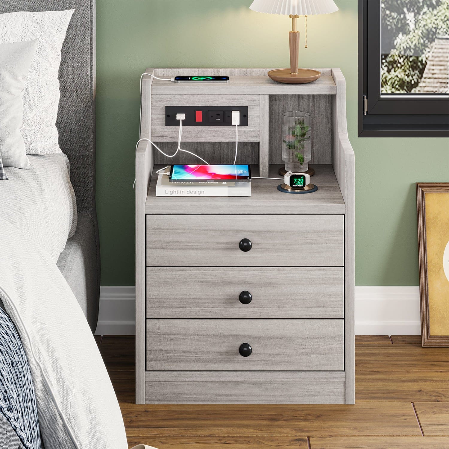 Sikaic Nightstand with Outlets Storage Grey