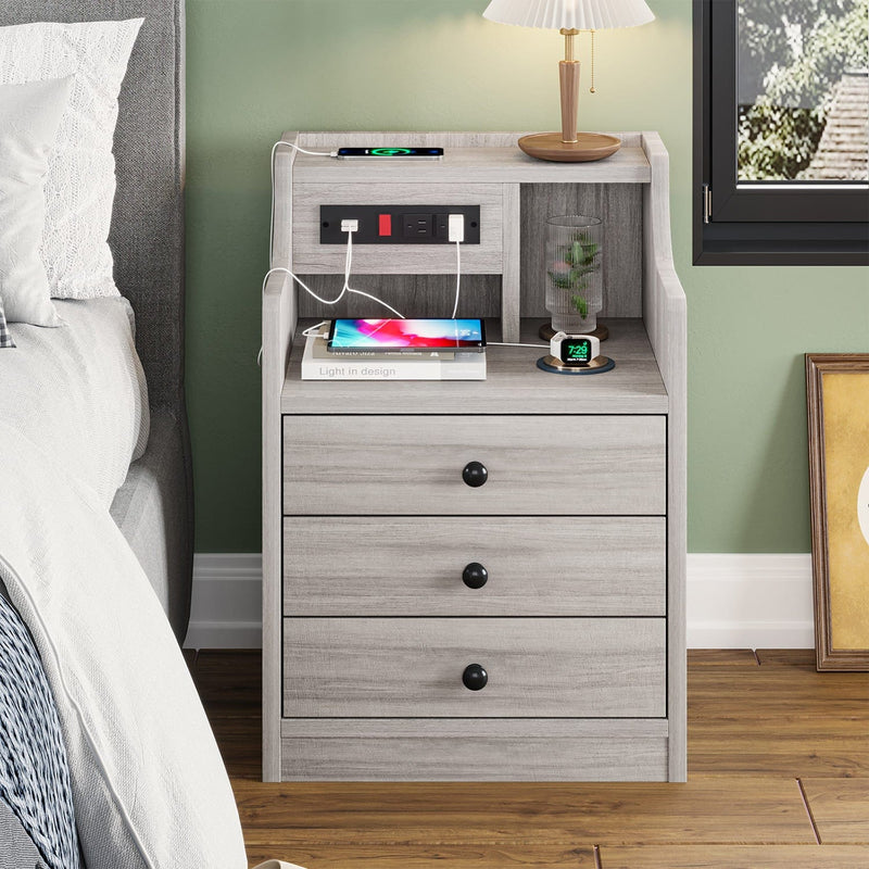 Sikaic Nightstand with Charging Station Hutch & Storage Drawers Grey