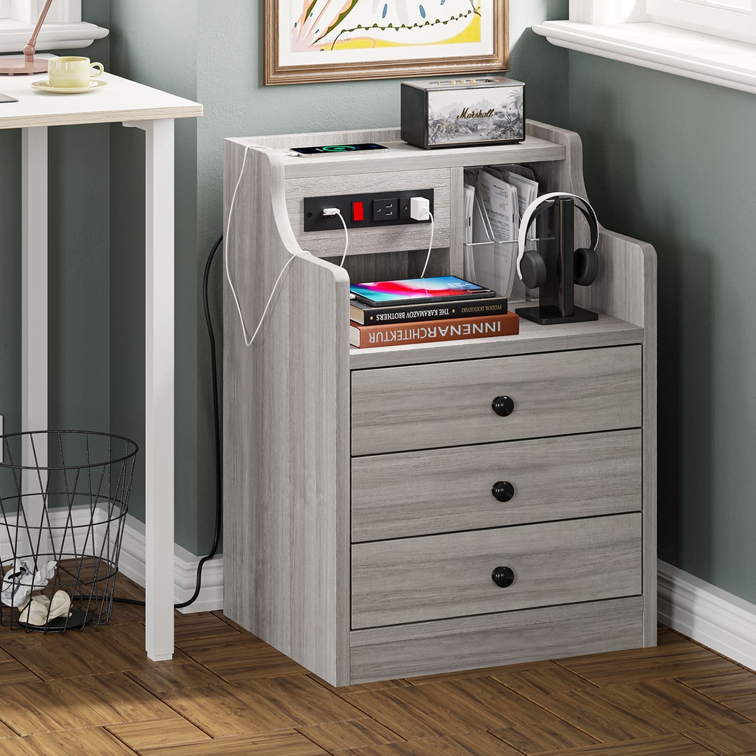 Nightstand with Charging Station Hutch & Storage Drawers Grey