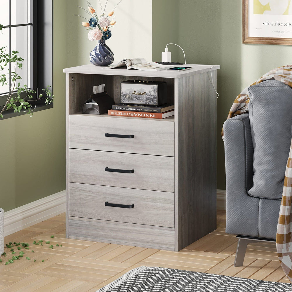 Sikaic Nightstand with 3 Drawers USB Port Grey