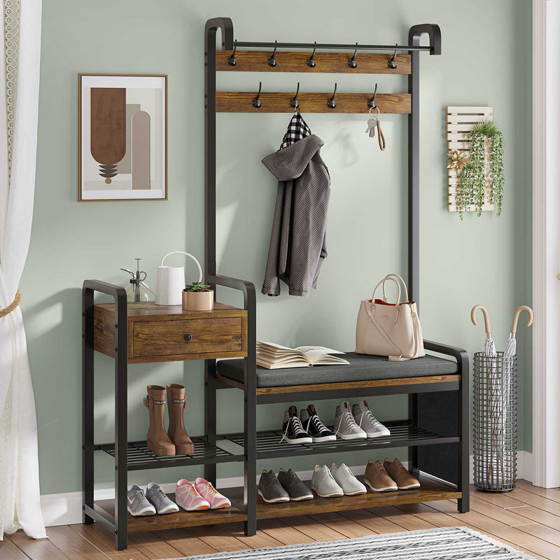 Sikaic Hall Tree Hall Tree Coat Rack Furniture with Storage Soft Cushion and Hanging Rod Entryway Bench Rustic Brown