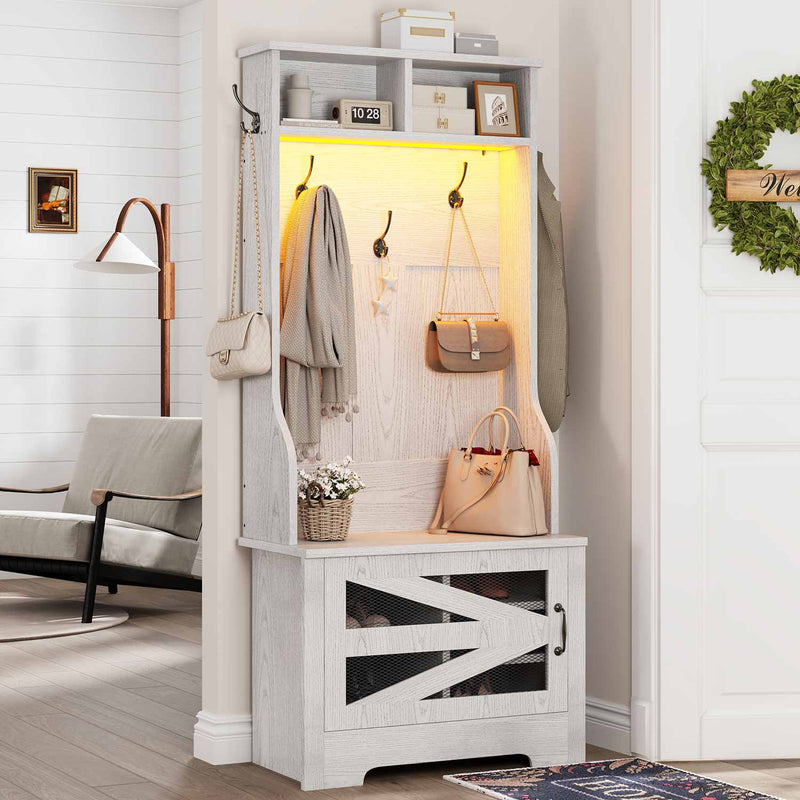 Sikaic Hall Tree 23.6 Inches 5-in-1 Hall Tree with Bench and 5 Shoe Cubbies Coat Hooks Barn Door & Adjustable Shelf Embossed White