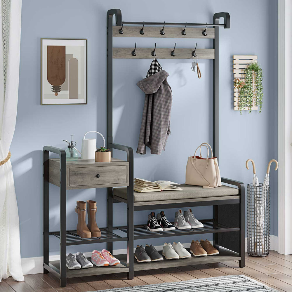 Sikaic Hall Tree Hall Tree Coat Rack Furniture with Storage Soft Cushion and Hanging Rod Entryway Bench Oak Grey