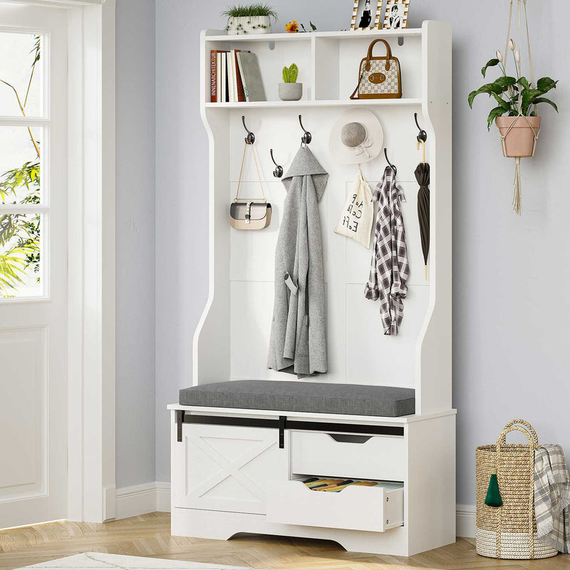 Sikaic Hall Tree 3-in-1 39.3IN Hall Tree with Cushioned Bench and Shoe Storage & Hooks for Hallway White White / Engineered Wood / Modern