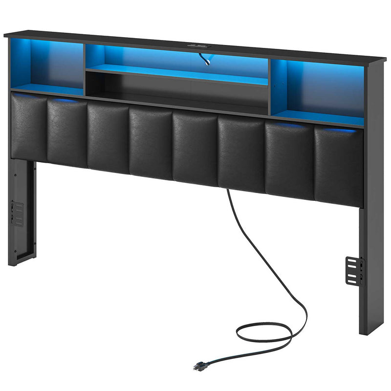 Sikaic Headboard Upholstered King Size Bookcase Headboard with Charging Station and LED Lights Black Black / Engineered Wood / Modern