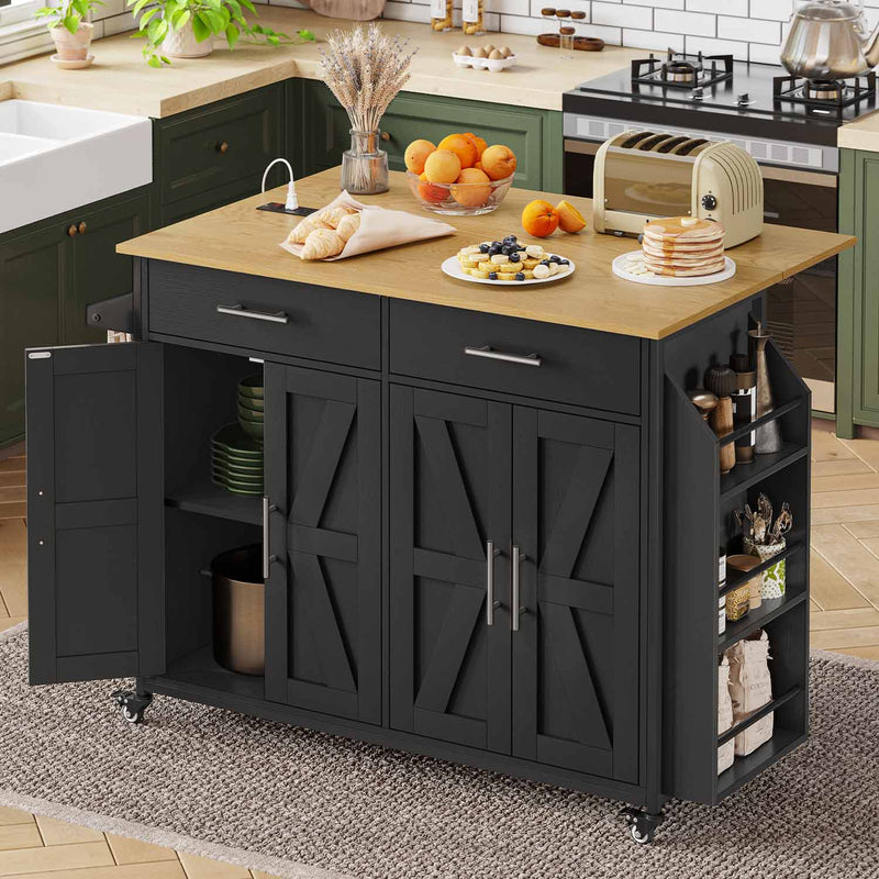 Sikaic Kitchen Island Cart Portable Rolling Kitchen Island Cart with Folding Drop Leaf and Power Outlet Large Storage Cabinet Shelf Spice Rack Towel Rack Drawers Black