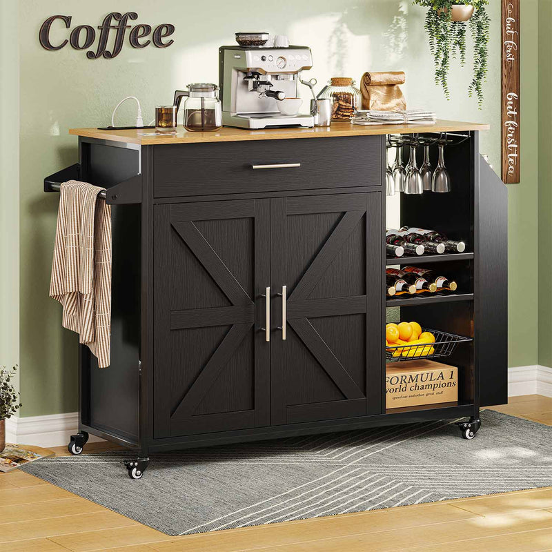 Sikaic Kitchen Island Cart Rolling Kitchen Island Cart on Wheels with Power Outlet Storage Cabinet Spice Racks Wine Racks Drawer Goblet Rack Metal Basket Towel Rack Black