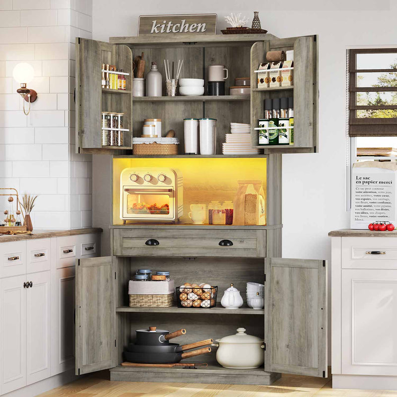 Sikaic Kitchen Pantry 72.6 Inches Farmhouse LED Lights Kitchen Pantry Cabinet with Operation Table and Power Strip Adjustable Shelves for Dining Room Grey