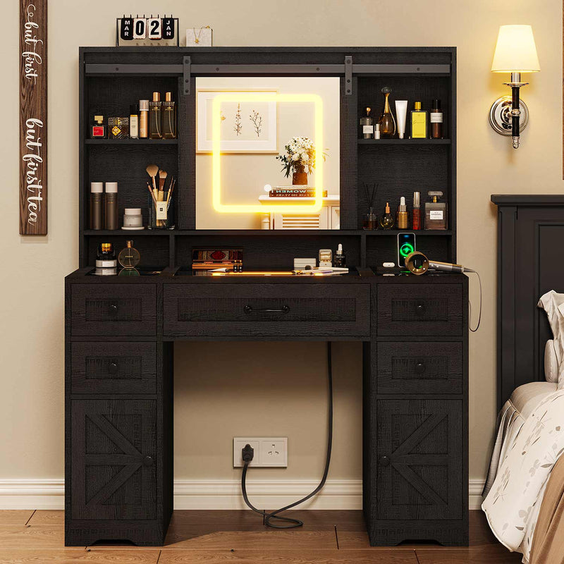 Sikaic LED Vanity Desk with Sliding Mirror & LED Lights Tempered Glass Top Farmhouse Makeup Vanity Table with Power Outlet Rustic Dressing Table Wood-Grain Black