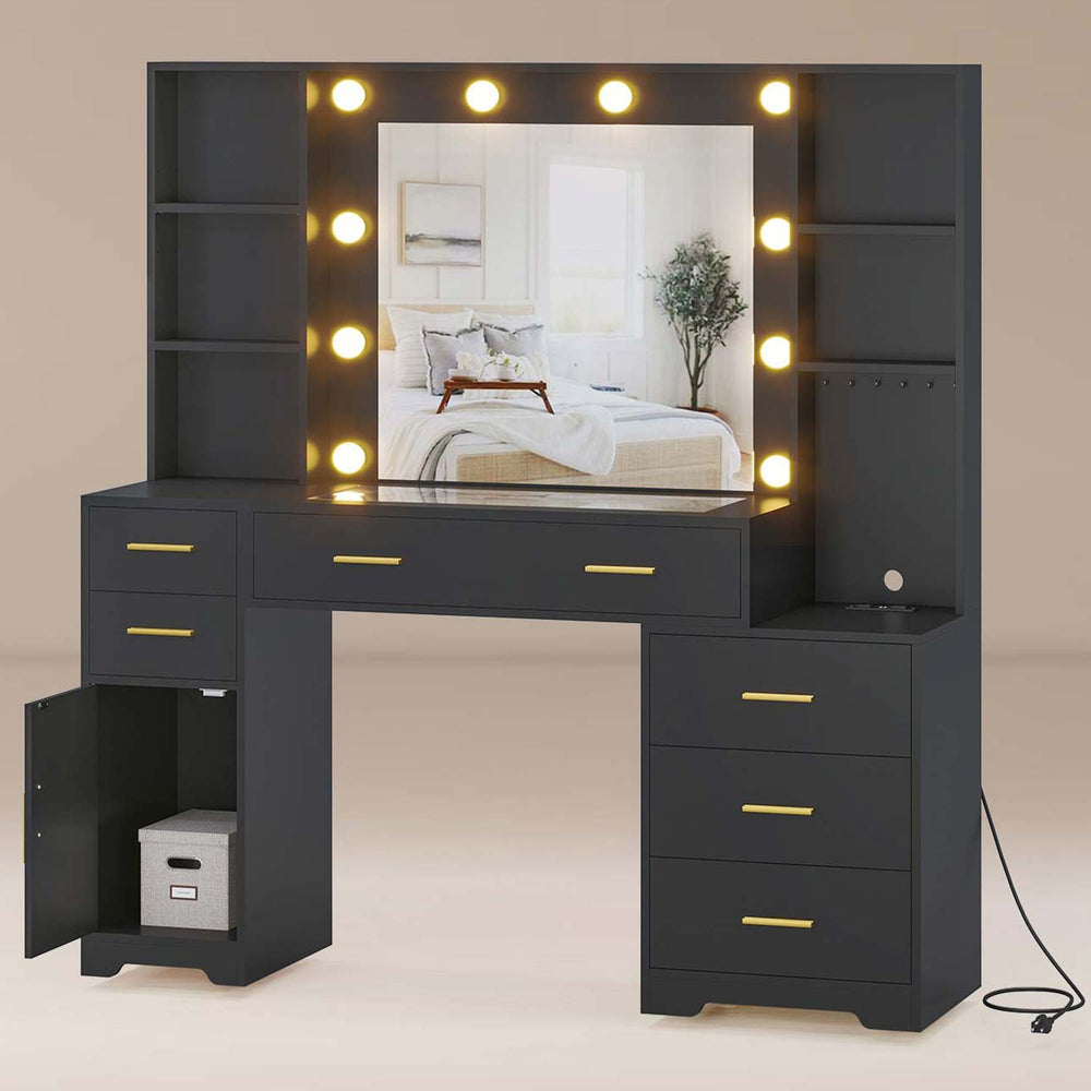 Sikaic Makeup Vanity 48.8 Inches Large Makeup Vanity with Lighted Mirror Black Black / Engineered Wood / Modern