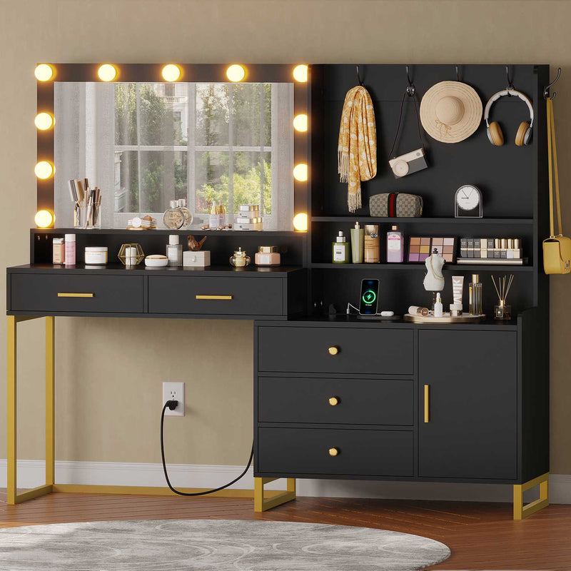 Sikaic Makeup Vanity 63 Inches Makeup Vanity Desk with Lighted Mirror & Power Outlet and Storage Drawers Black Black / Engineered Wood / Modern