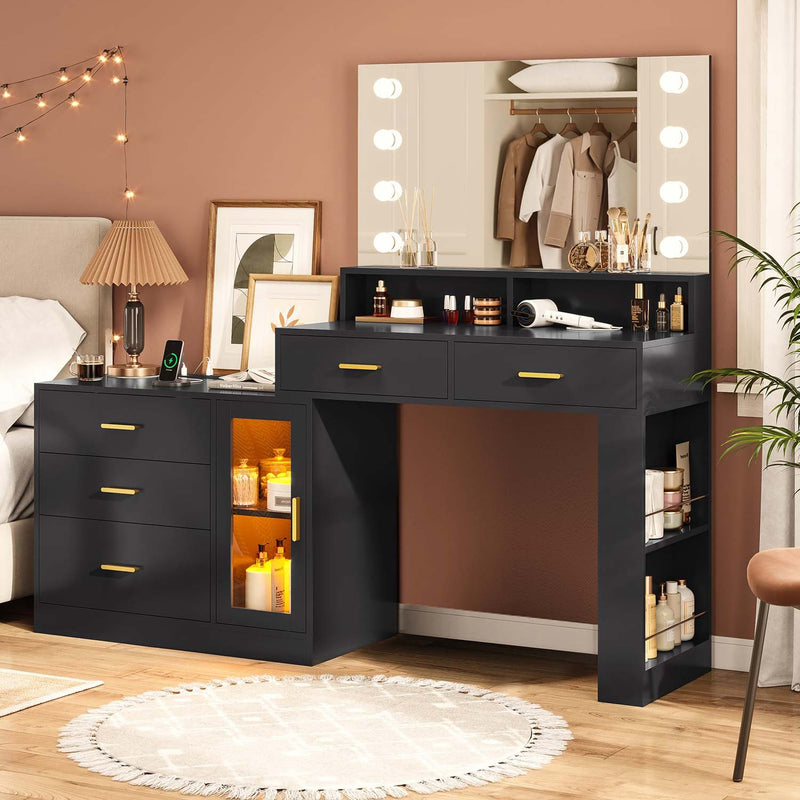 Sikaic Makeup Vanity LED Makeup Vanity Dresser with Mirror and Charging Station & 5 Drawers Cabinet Storage Black