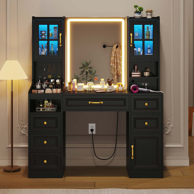 Sikaic Makeup Vanity LED Mirror Makeup Vanity with Charging Station and 6 Drawers & 7 Shelves Black Black / Engineered Wood / Modern