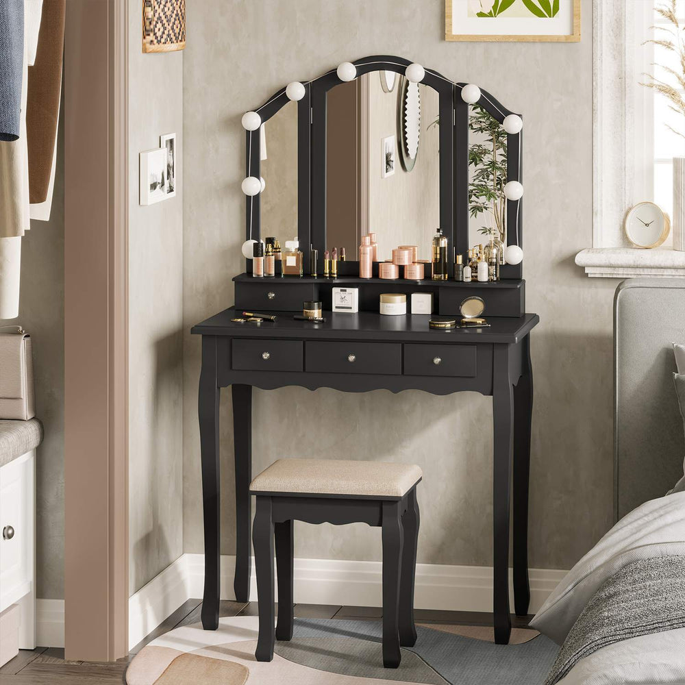 Sikaic Makeup Vanity Makeup Vanity Set with Lighted Mirror Stool Drawers and Cushioned Stool Black