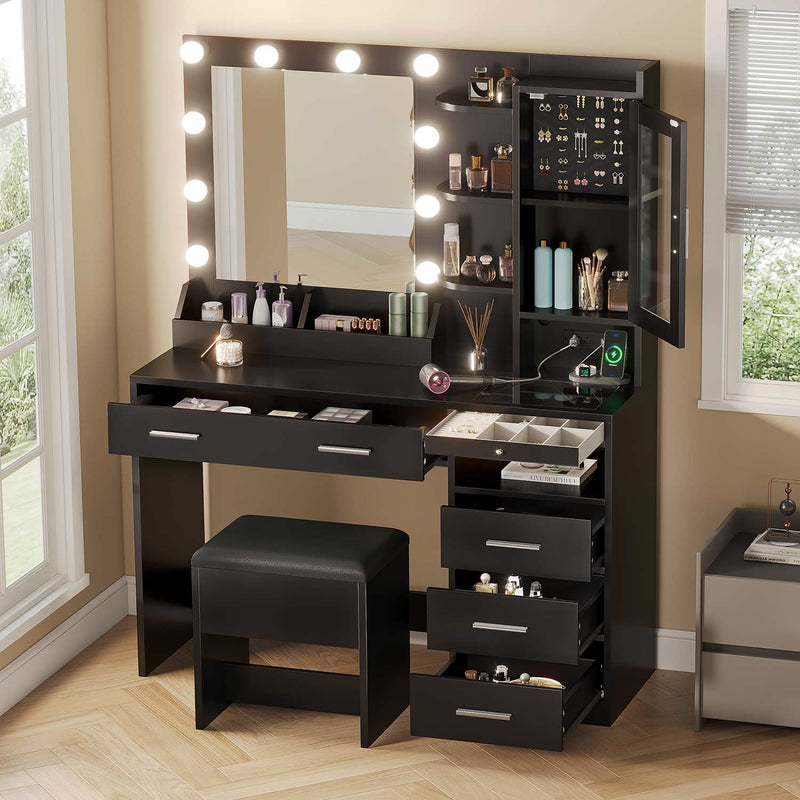 Sikaic Makeup Vanity Makeup Vanity Set with Stool Mirror and Lights Charging Station Glass Top Jewelry Organizer & Shelves Drawers Black