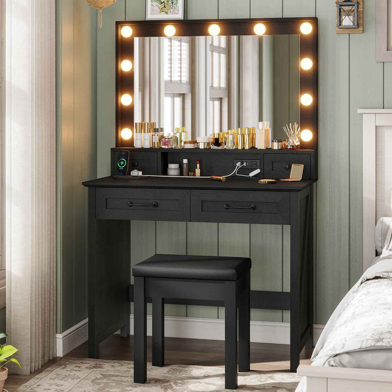 Sikaic Makeup Vanity Makeup Vanity with Mirror and Lights Stool & Charging Station Black Black / Engineered Wood / Modern