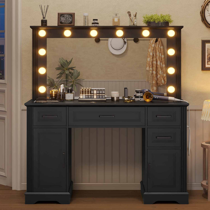 Sikaic Makeup Vanity Makeup Vanity with Power Outlets, Mirror and 12 Hollywood Lights, 4 Drawers & 2 Cabinets Black Black / Engineered Wood / Modern