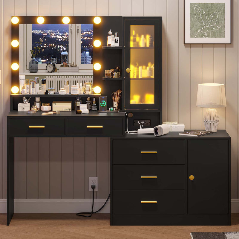 Sikaic Makeup Vanity LED Makeup Vanity with Dresser Charging Station Mirror Drawers & Shelves Black