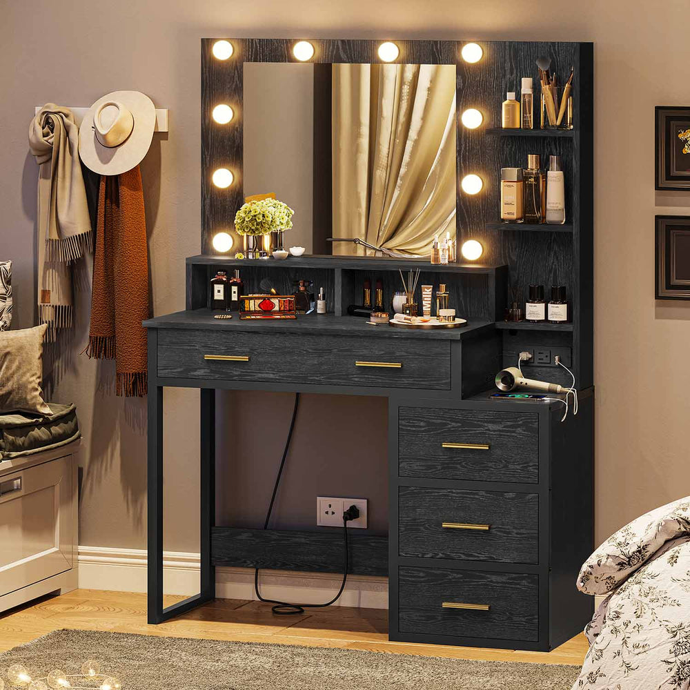 Sikaic Makeup Vanity Makeup Vanity with Mirror & Lights and Charging Station 5 Drawers and Shelves Black