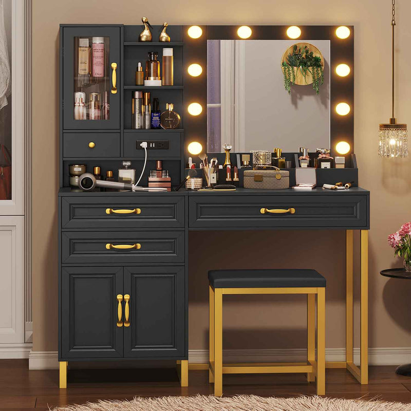 Sikaic Makeup Vanity Glass Top Makeup Vanity Set with Bench Lighted Mirror Charging Station Black & Gold Black & Gold / Engineered Wood / Modern