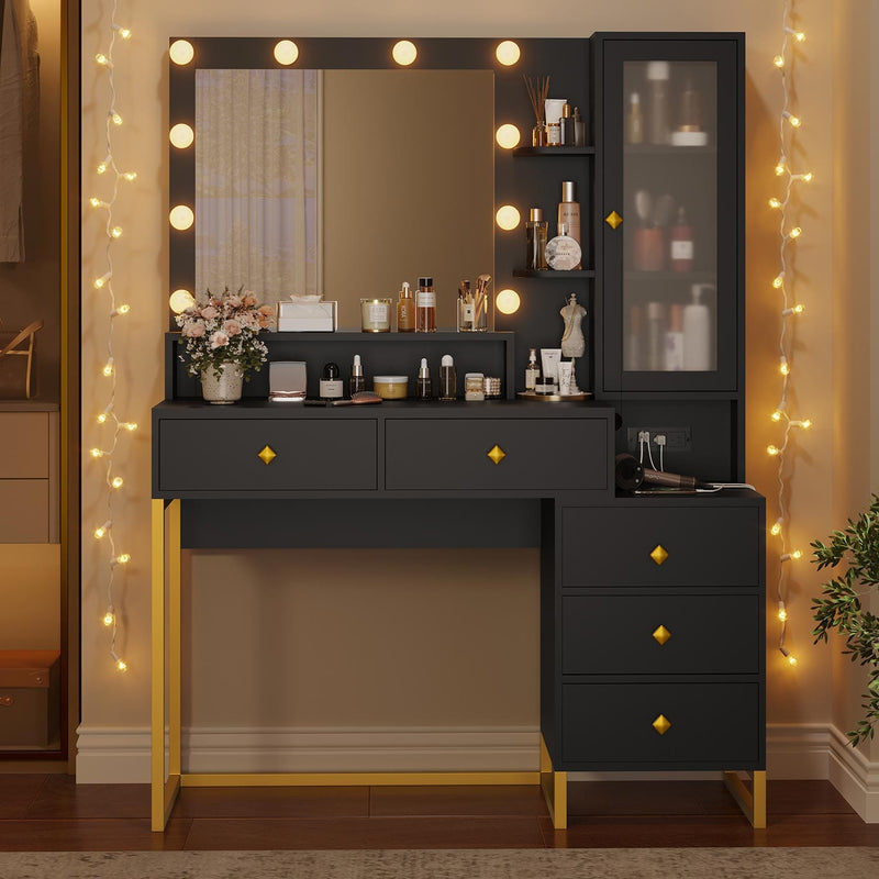 Sikaic Makeup Vanity Large Makeup Vanity with Nightstand Mirror and Lights & Charging Station 5 Drawers and Storage Shelves Black&Gold