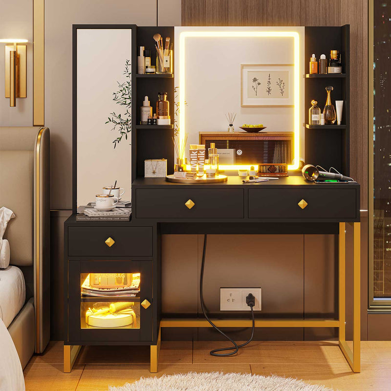 Sikaic Makeup Vanity RGB LED Makeup Vanity with Charging Station Jewelry Armoire & Full Length Mirror Drawers & Shelves Black & Gold