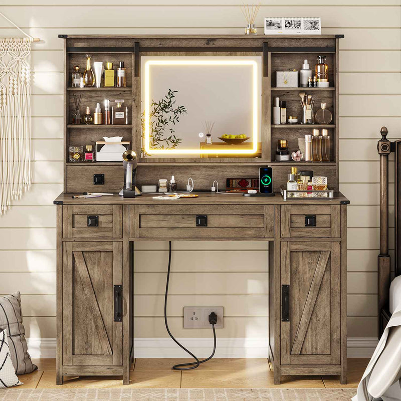 Sikaic Makeup Vanity Large Makeup Vanity with Lights & Charging Station Ample Storage Space and Sliding Mirror Brown