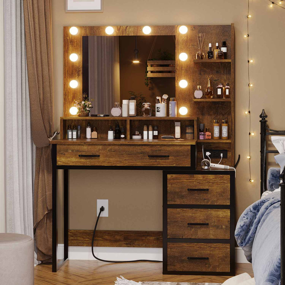 Sikaic Makeup Vanity Makeup Vanity with Lights Charging Station Mirror Drawers Rustic Brown