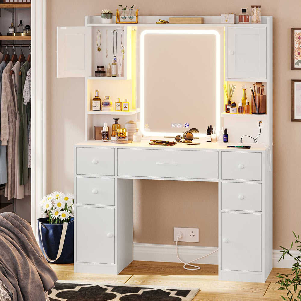 Sikaic Makeup Vanity LED Makeup Vanity With Outlet Smart Mirror Drawers White